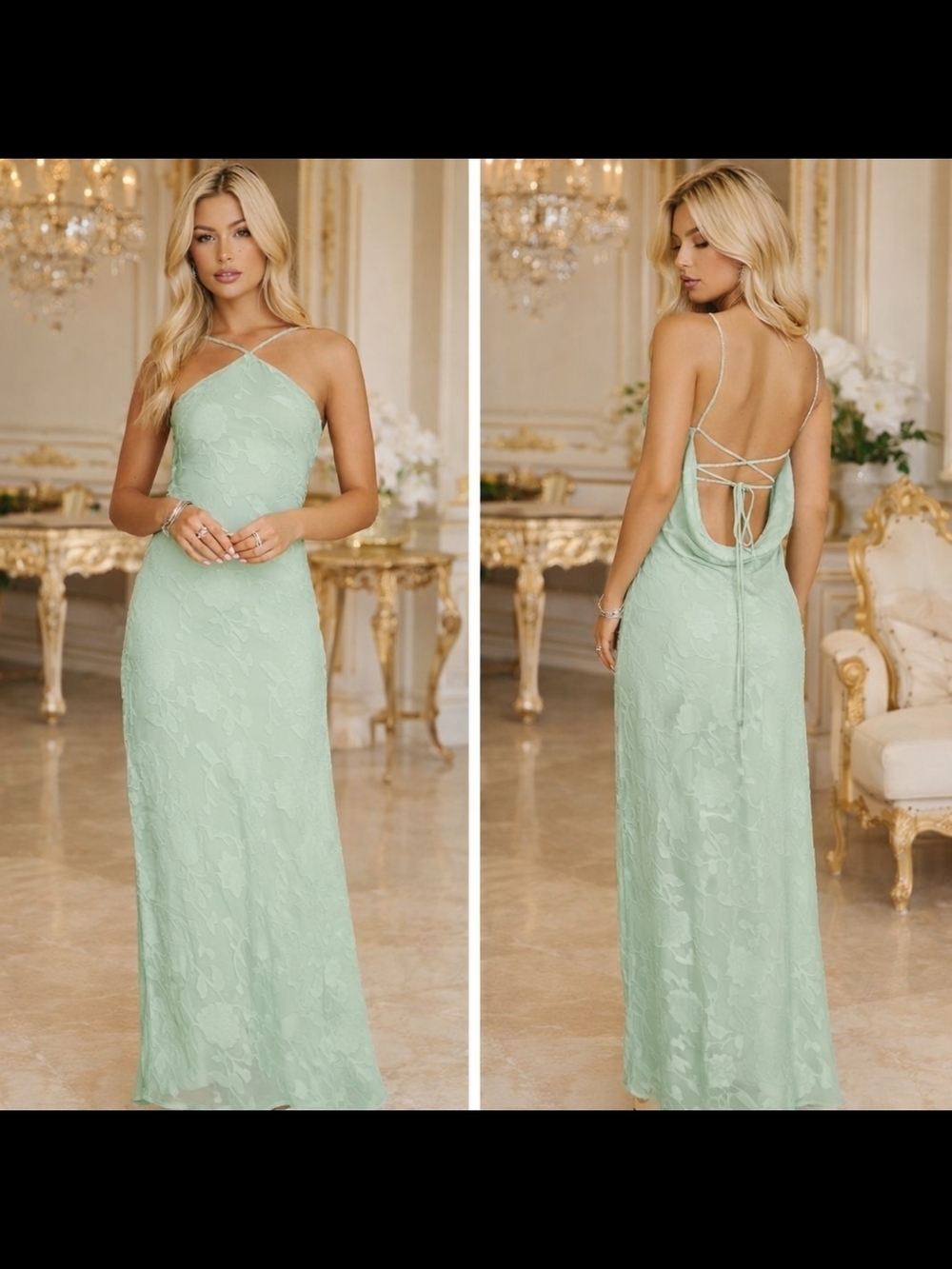 Princess Polly Mint Lace Halter Backless Gown Size 6